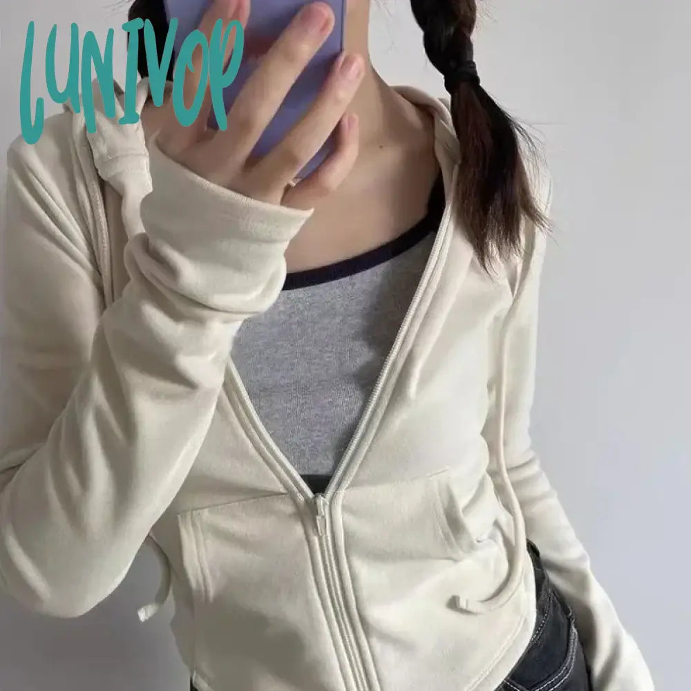 Lunivop Vintage Zip Up Cropped Hoodies Women Korean Style Streetwear Hooded Sweatshirts Kpop Solid Color Y2k Long Sleeve Tops Casual Hoodie Sweatshirt Wear