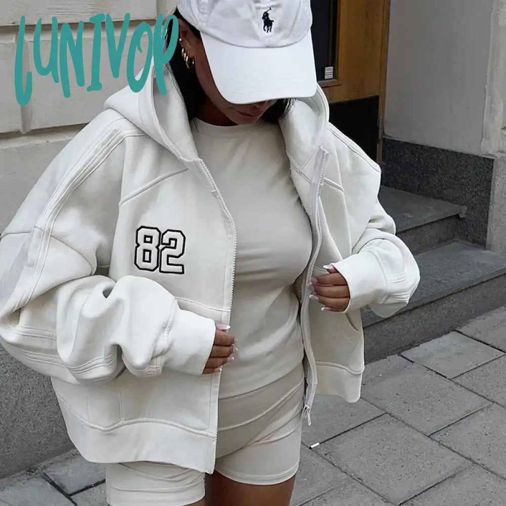 Lunivop Hooded Zip Up Crop Sweatshirt Women Streetwear Embroidery Hoodie Overfit Blank Outerwear Jacket Long Sleeve Tops Autumn Casual Hoodie Sweatshirt Wear