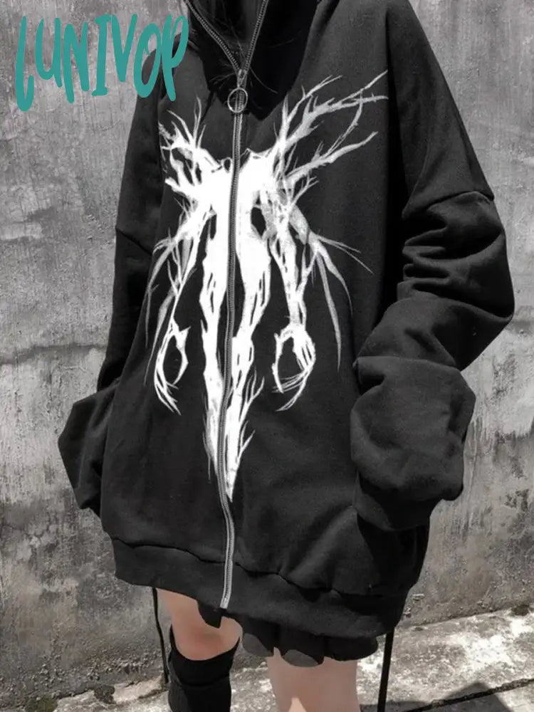 Lunivop Oversize Full Zip Graphic Hoodies Women Grunge Streetwear Black Zip Up Hooded Sweatshirts Men Goth Hip Hop Couple Tops Casual Graphic Hoodies