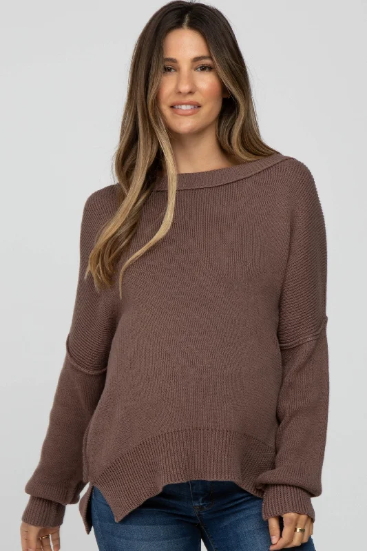 Brown Exposed Seam Side Slit Maternity Sweater Women's sweaters