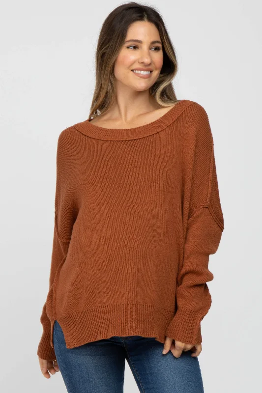 Camel Exposed Seam Side Slit Maternity Sweater Lightweight sweaters