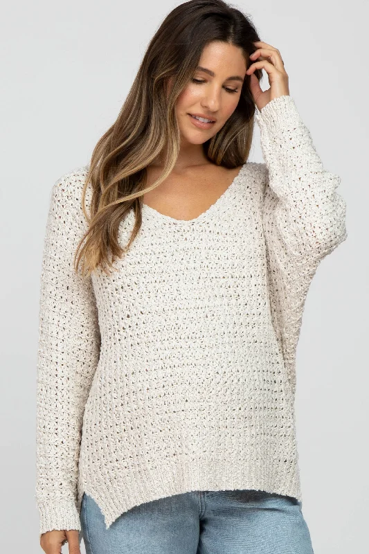 Ivory V-Neck Side Slit Thick Knit Maternity Sweater Classic sweaters