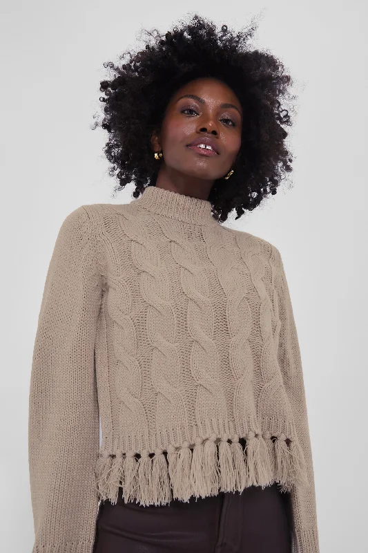 Taupe Fringe Cable Knit Sweater Thermal sweaters