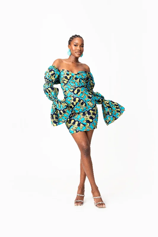 BADE African Print Off-shoulder Puffy Sleeve Mini Dress Best mini dresses for curvy figures