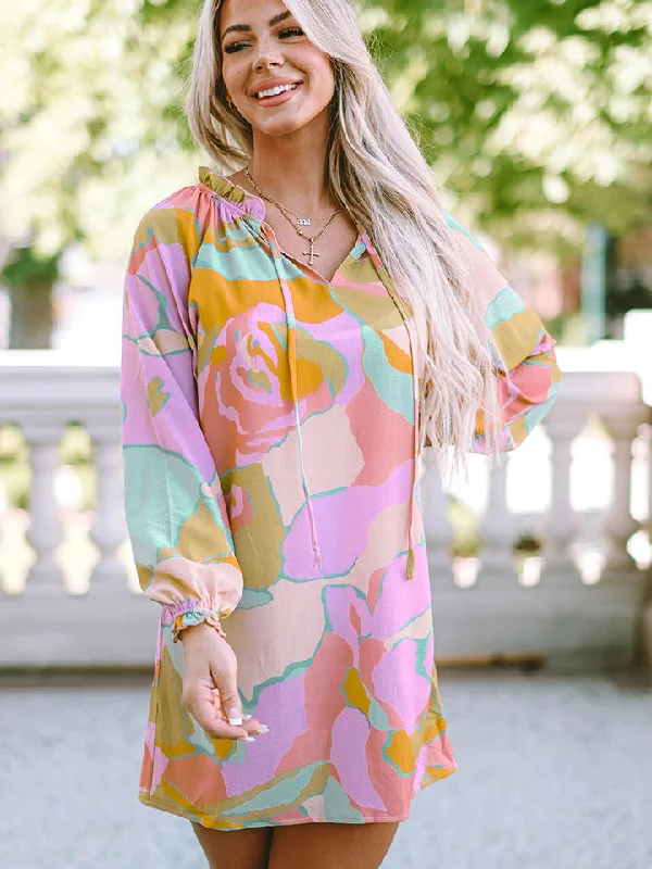 Printed Tie Neck Long Sleeve Dress Glamorous mini dresses