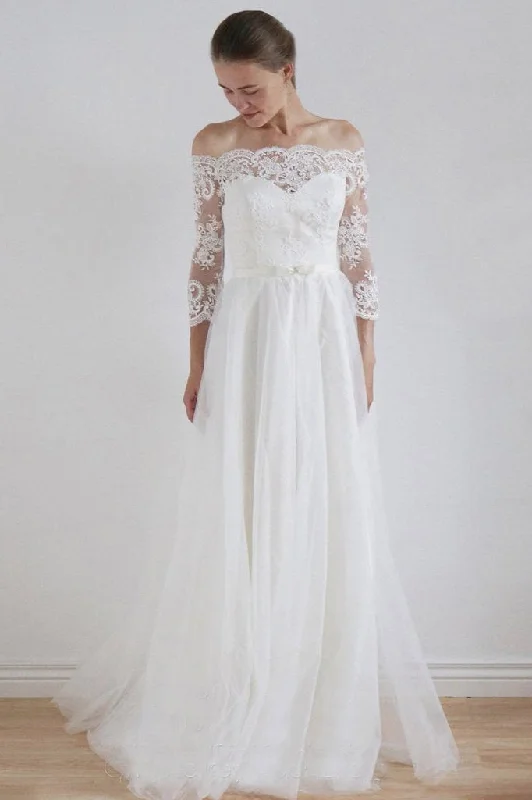 2024 A-Line Lace Scoop 3/4 Sleeve Appliques Tulle Floor-Length White Button Wedding Dresses WK176 Ruffle Wedding Gown