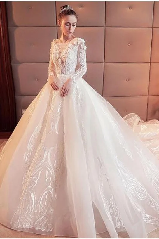 2024 Gorgeous Scoop Lace Appliques Flowers White Organza Long Sleeve Wedding Dresses WK177 Soft Satin Bridal