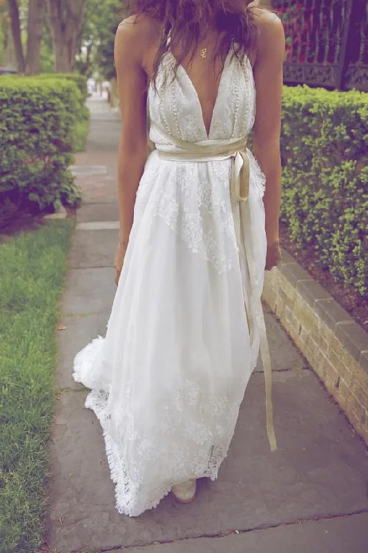 2024 New Style Deep V-Neck A-Line Sleeveless White Open Back Sexy Ivory Lace Wedding Dress WK862 Vintage Lace Dress