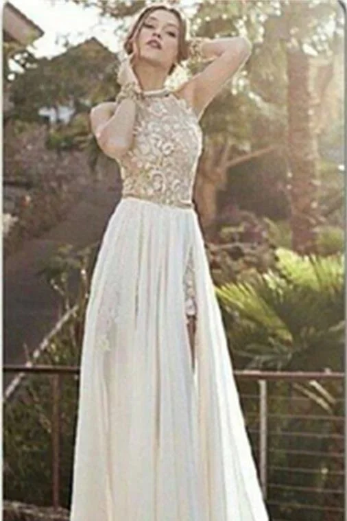 2024 Sexy Lace Backless Long Chiffon High Neckline Halter Side Slit Prom Dress uk Wedding Dress White Lace Gown