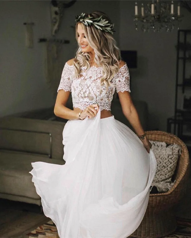 Boho Chic Lace Crop Chiffon Wedding Dresses Two Piece Elegant Satin Dress