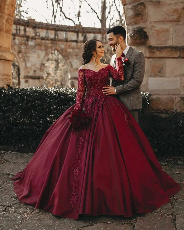 Burgundy Wedding Dresses Satin Ball Gown Lace Long Sleeves Full Length Gown