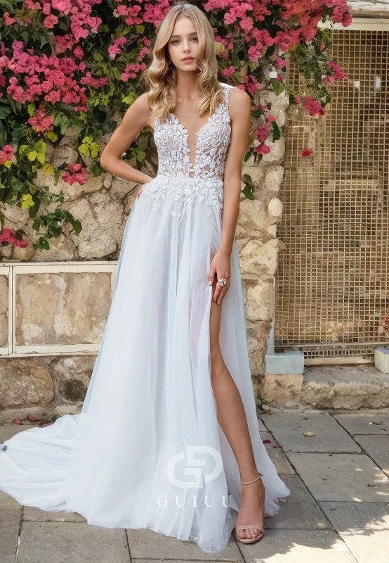 A-Line Strapless Straps Sleeveless Appliques Open Back Boho Wedding Dress Lace A-line Dress