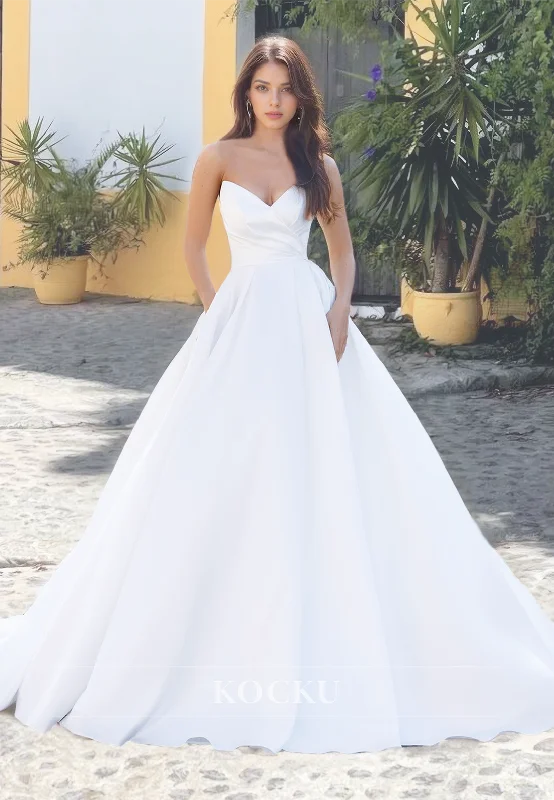 Classic&Simple Sweetheart A-Line Sleeveless Ruched Satin Wedding Dress with Sweep Train Bridal Gowns Floral Lace Wedding