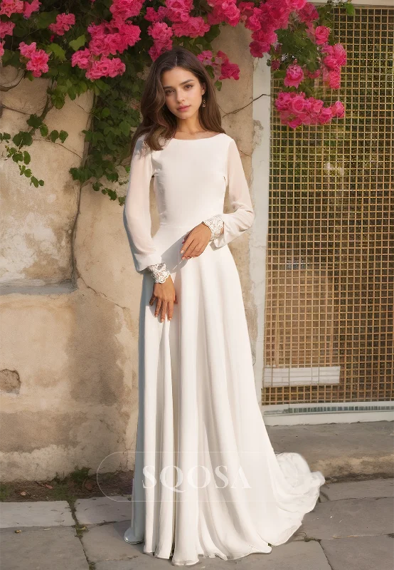 Long-Sleeves Scoop-Neck Chiffon A-Line Train Boho Beach Wedding Dress with Lace Trimmed Elegant A-line Gown