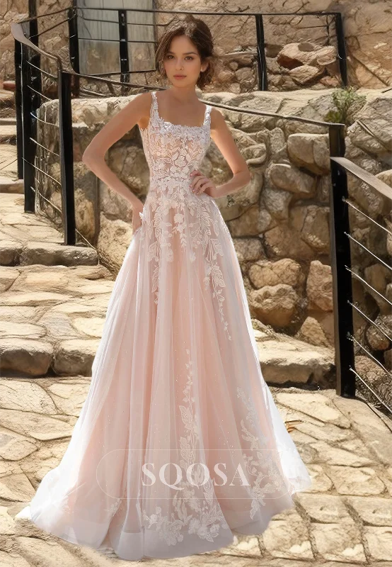 Square-Neck Sleeveless Pleated Wedding Gowns Off-Shoulder Applique Train A-Line Bride Dress Off-shoulder Bridal Gown