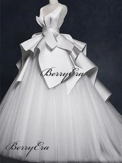 Elegant Long Ball Gown Wedding Dresses, Tulle Satin Wedding Dresses, Bridal Gown Empire Waist Gown