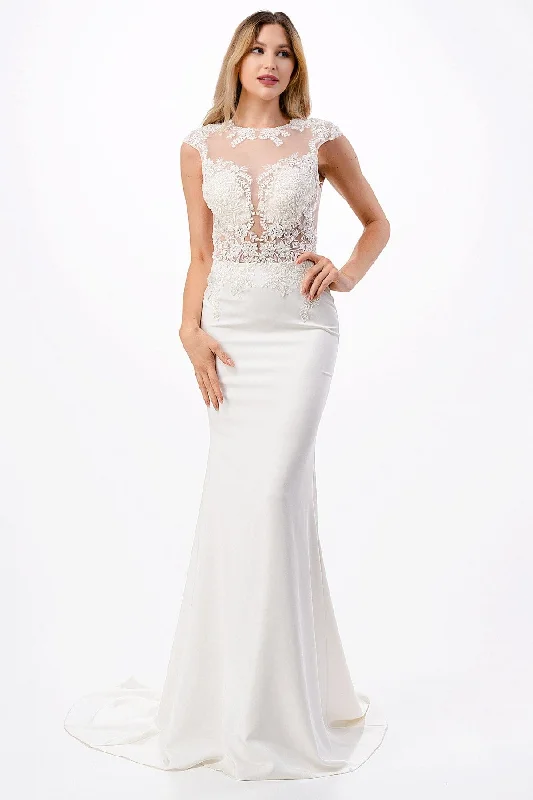 Fitted Applique Cap Sleeve Bridal Gown by Coya MS0015 Sleek Wedding Dress