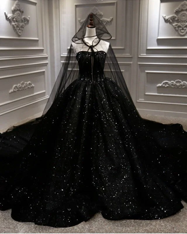 Black Sparkly Wedding Dress Ball Gown With Cape Veil Modern Lace Gown