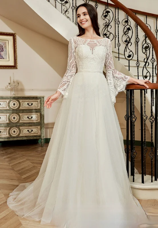 Illusion Neckline Lace Wedding Dress With Removeable Overskirt Modern Wedding Gown