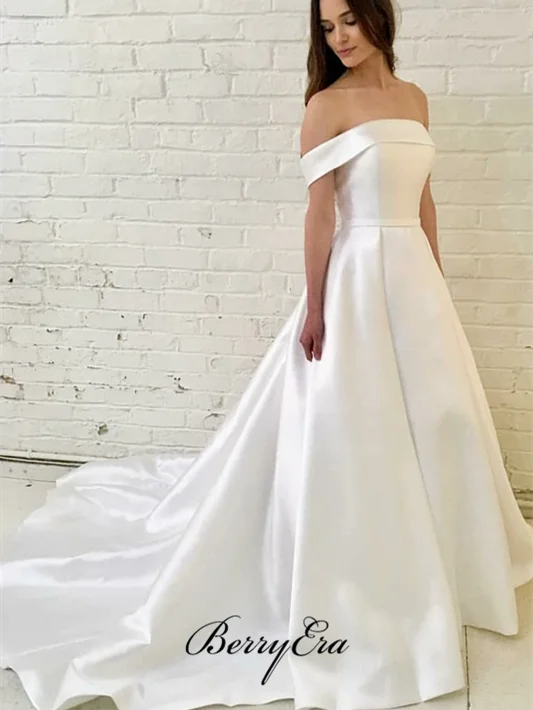 Off Shoulder A-line Ivory Satin Wedding Dresses, Bridal Gown Beautiful Bridal Gown