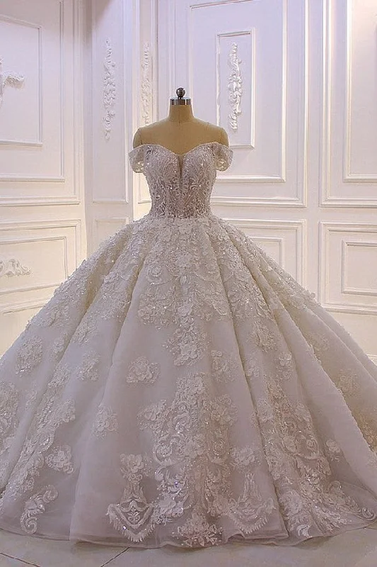 Off-the-shoulder A-Line Wedding Dress With Long Sleeves Appliques Silk Bridal Dress