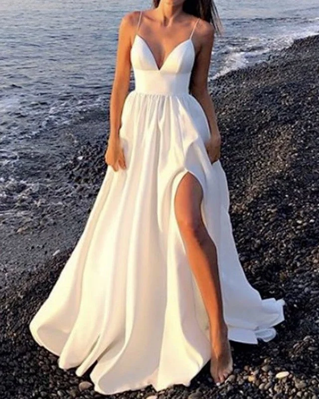 Satin Slit Wedding Dresses With Pockets Formal Wedding Dress