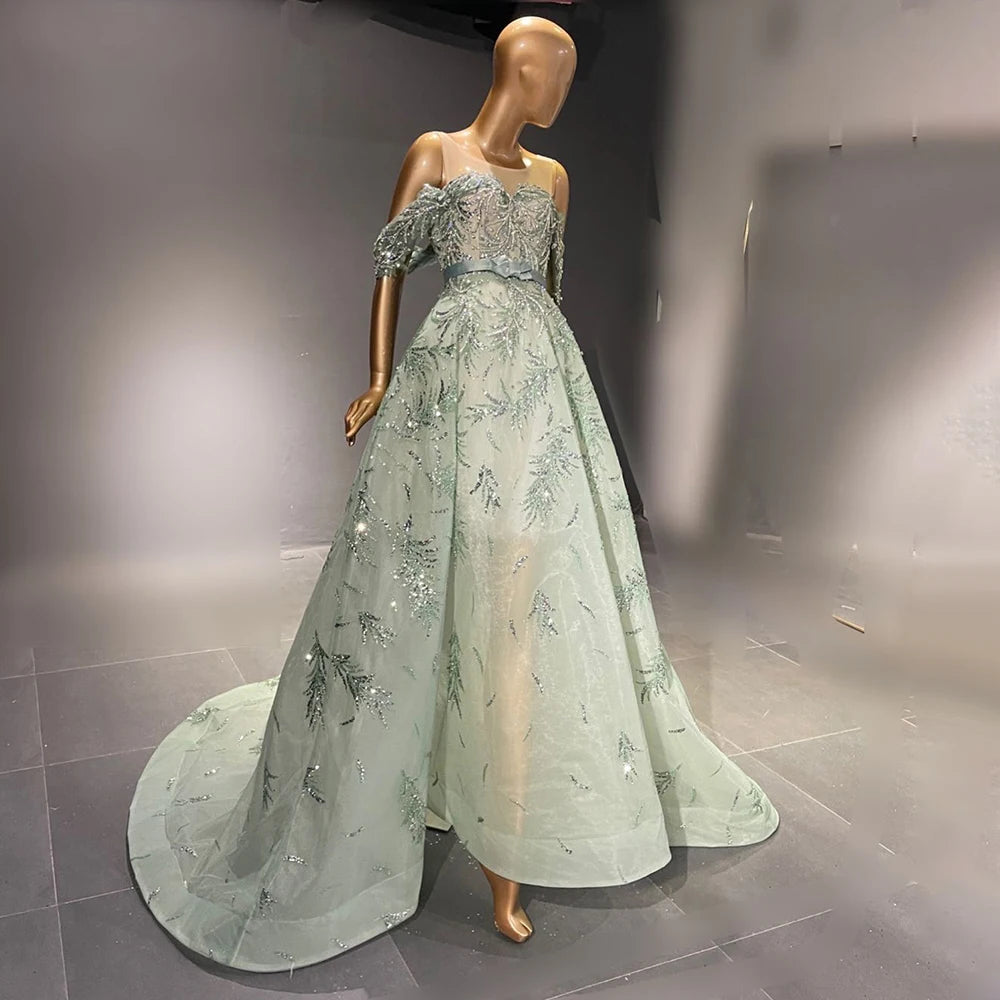 مجموعة اروين ARWEN & AJH GROUP Luxury Mint Green Dubai Evening Dresses Elegant Off Shoulder Arabic Engagement Dress For Women Wedding Party Simple Wedding Gown