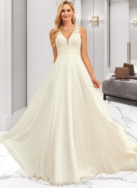 Taniyah A-Line V-neck Sweep Train Chiffon Lace Wedding Dress With Lace STIP0013677 Elegant Lace Gown