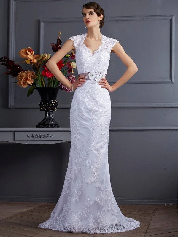 Trumpet/Mermaid Sleeveless Applique Long Satin Wedding Dresses TPP0006735 Lace Boho Dress