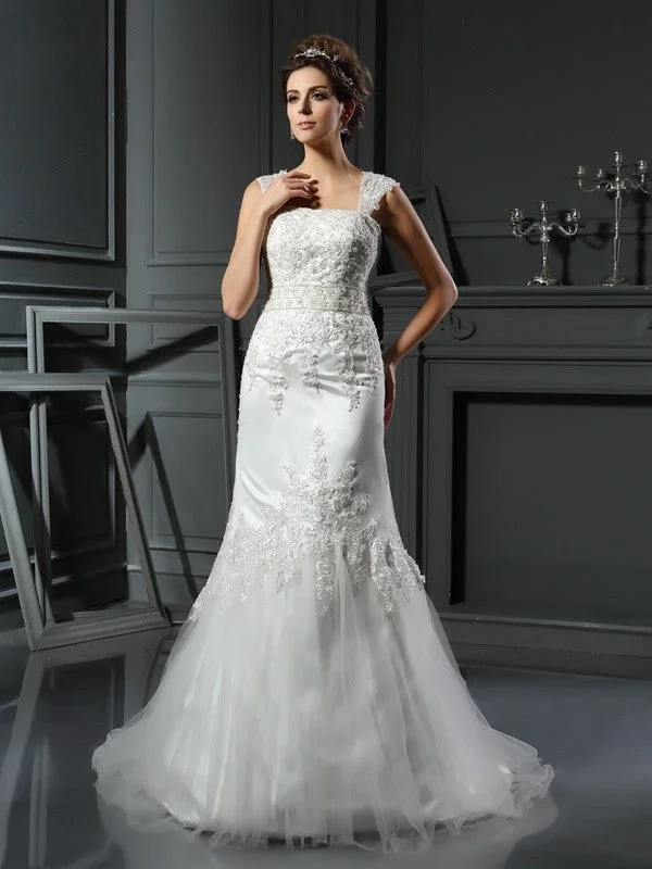 Trumpet/Mermaid Straps Applique Sleeveless Long Satin Wedding Dresses TPP0006715 Chic Wedding Gown