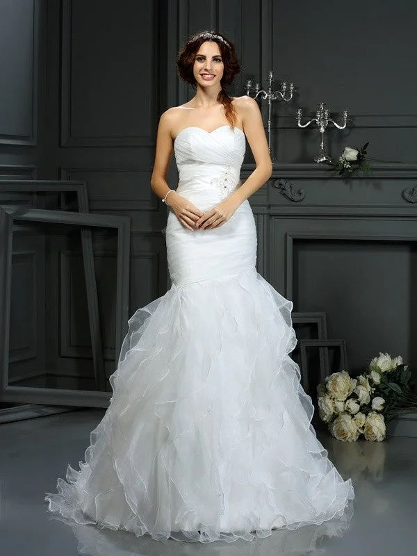 Trumpet/Mermaid Sweetheart Beading Sleeveless Long Organza Wedding Dresses TPP0006747 Classic Bridal Gown