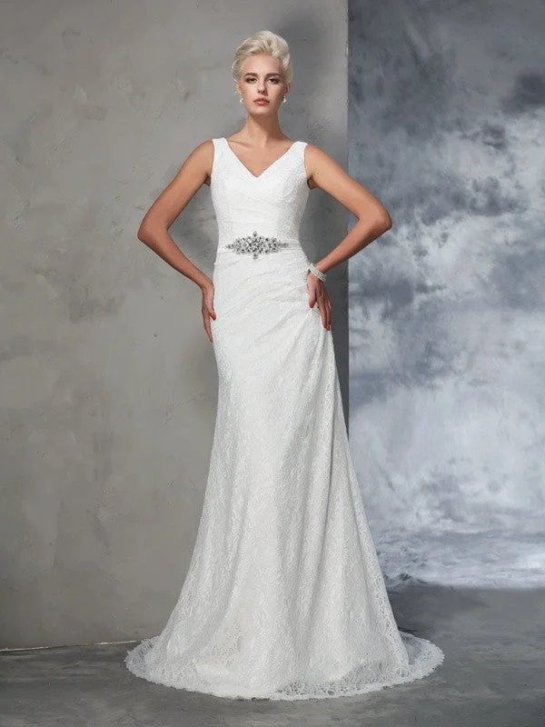 Trumpet/Mermaid V-neck Lace Sleeveless Long Lace Wedding Dresses TPP0006721 Sexy Wedding Dress