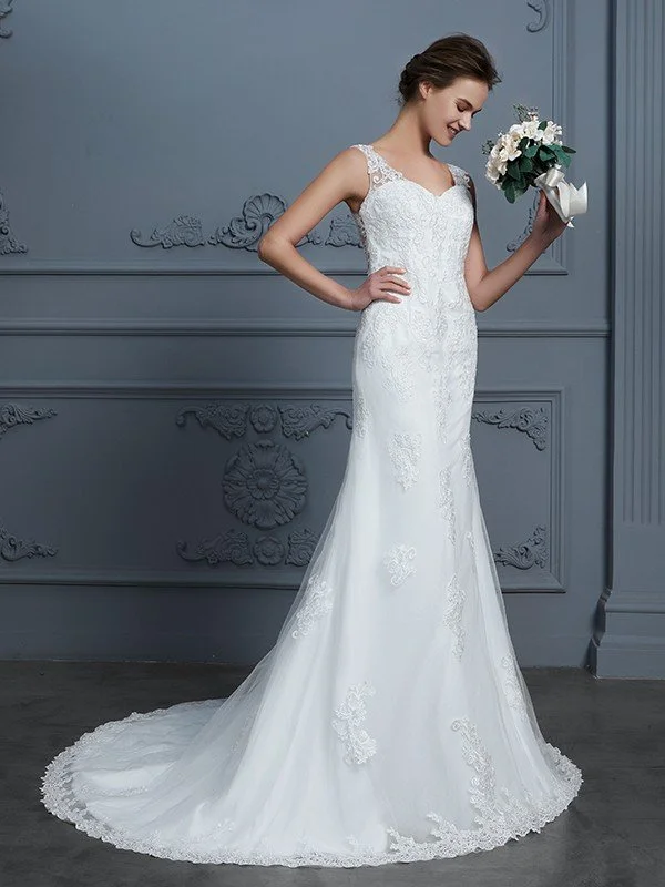 Trumpet/Mermaid V-neck Sleeveless Lace Court Train Tulle Wedding Dresses TPP0006742 Beaded Wedding Gown