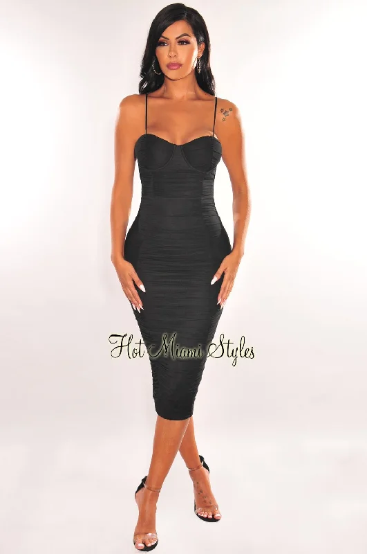 Black Mesh Padded Underwire Spaghetti Straps Ruched Midi Dress Tiered midi dresses