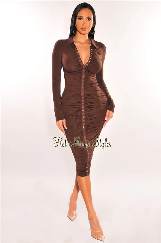 Chocolate Collared Long Sleeve Snap Button Up Ruched Midi Dress Urban Outfitters midi dresses