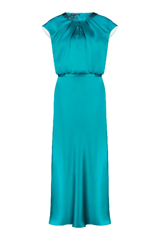 CLUSIA TEAL SILK SATIN MIDI DRESS WITH CRYSTAL EMBELLISHED NECKLINE Flattering midi dresses for all body types