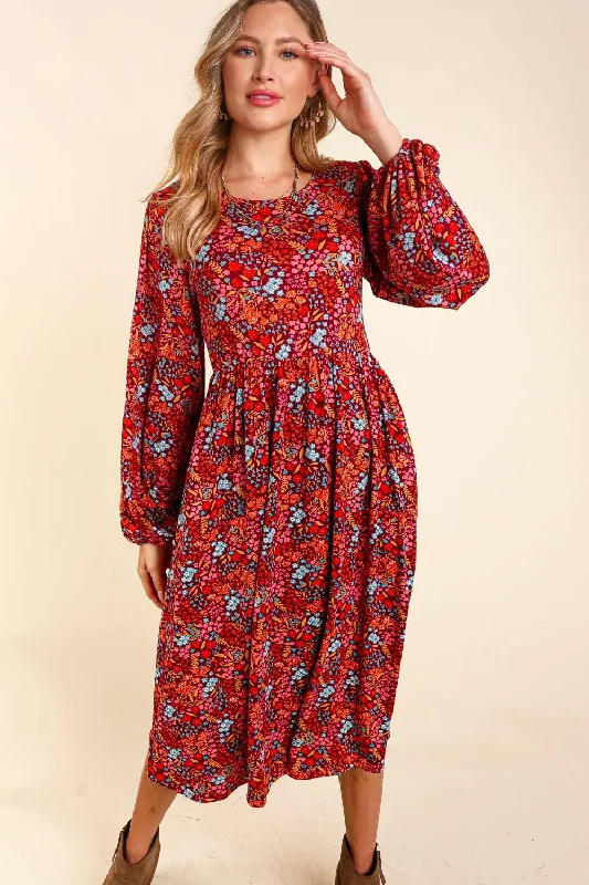 FIT AND FLARE MIDI LENGTH FLORAL SIDE POCKETS DRESS Fashion-forward midi dresses