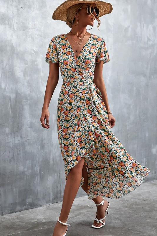 Floral Surplice Neck Tied Midi Dress Best midi dresses for hourglass body shape