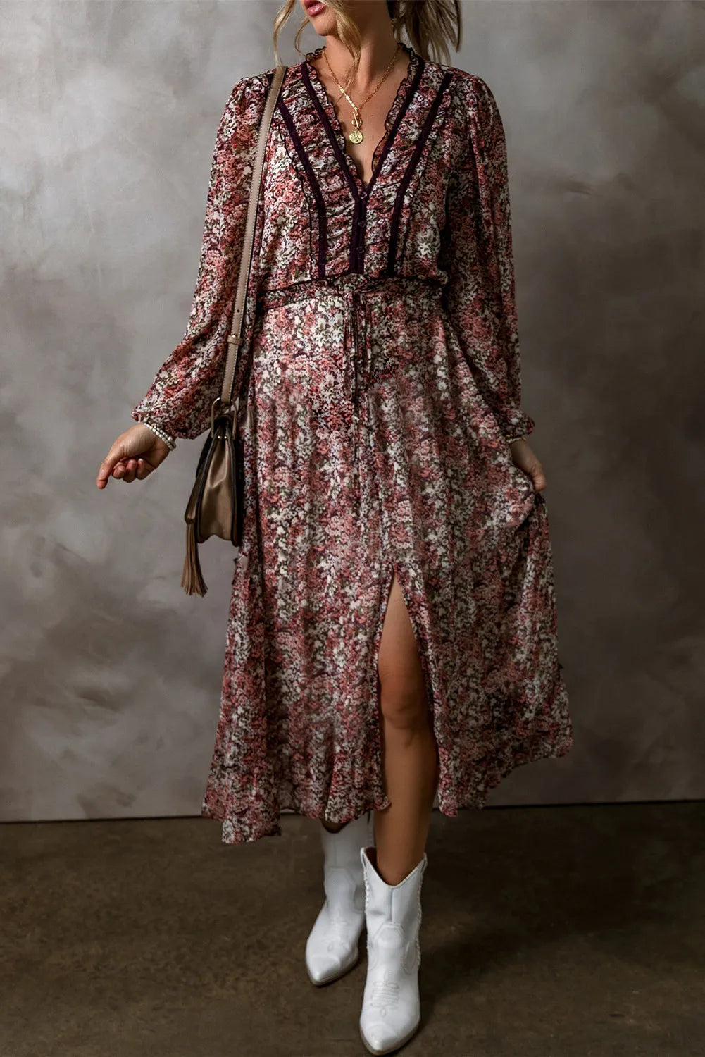 Frill Printed V-Neck Long Sleeve Midi Dress Flowy midi dresses