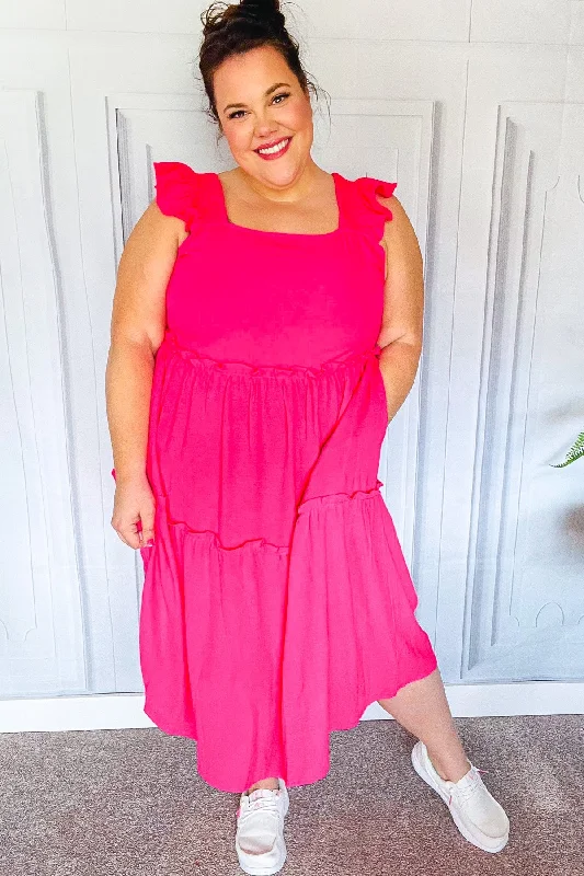 Lots To Love Fuchsia Smocked Flutter Sleeve Tiered Midi Dress (Open Pack) Discounted midi dresses