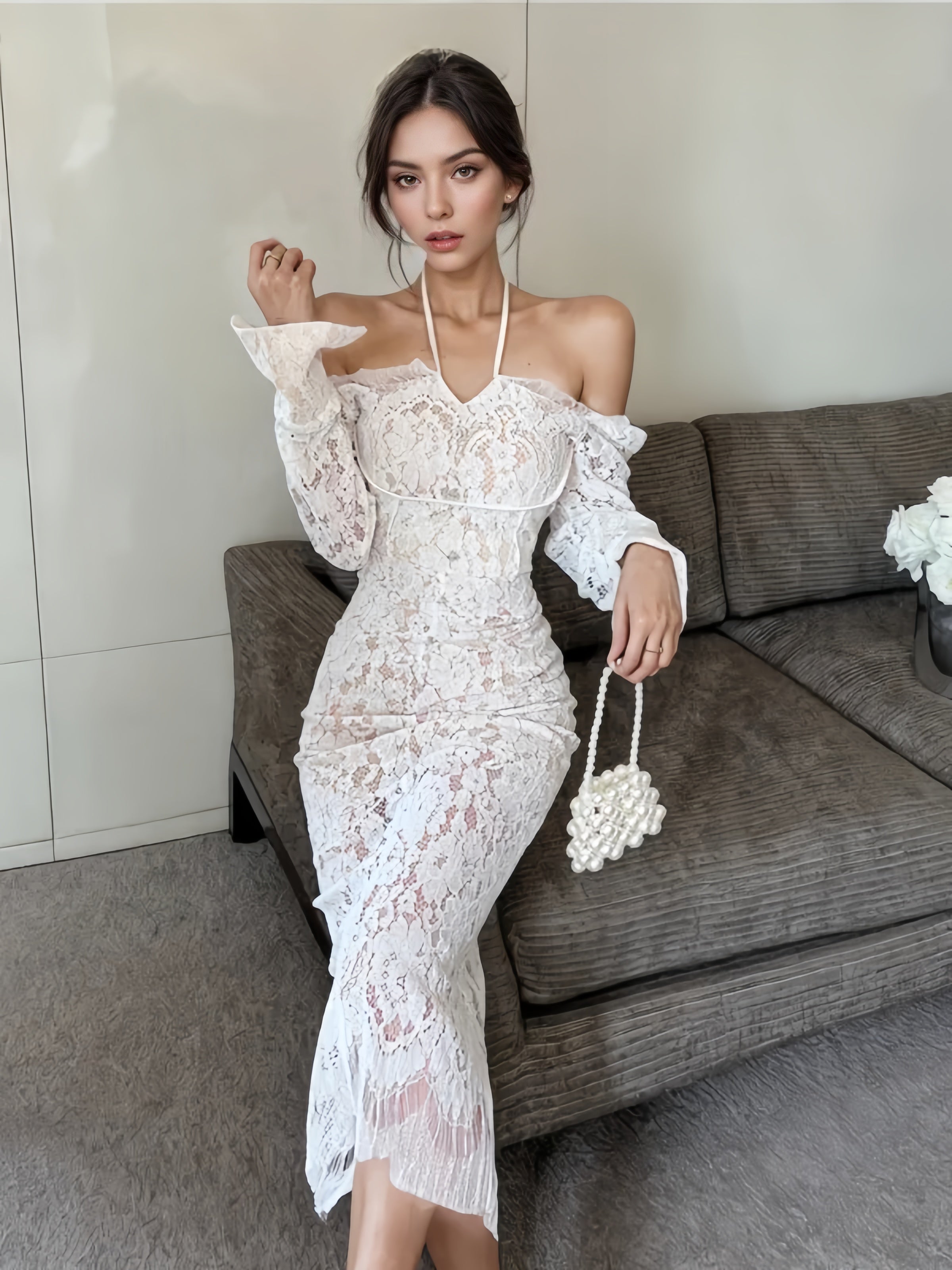 Long Sleeve Off-Shoulder White Lace Midi Dress Beach midi dresses