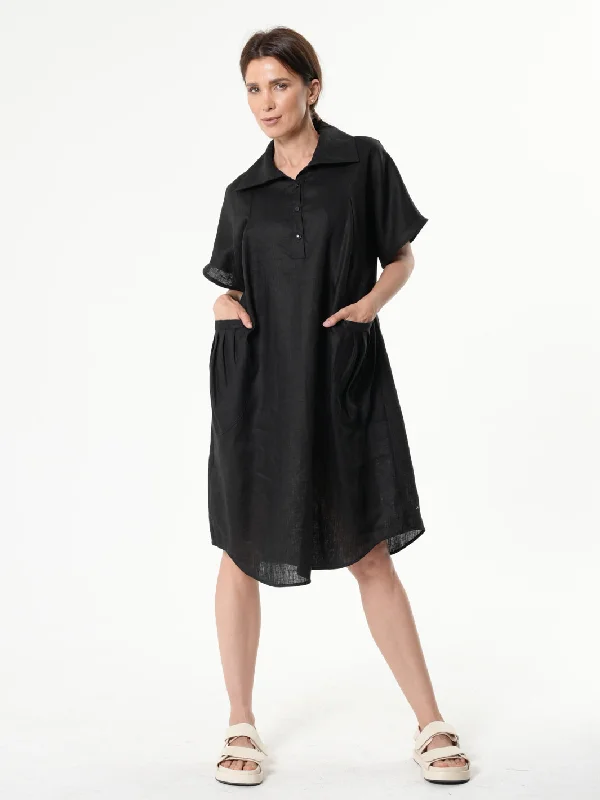 Midi Linen Dress With Side Pockets In Black Boohoo midi dresses