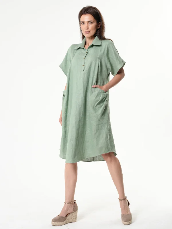 Midi Linen Dress With Side Pockets In Light Green New Year's Eve midi dresses