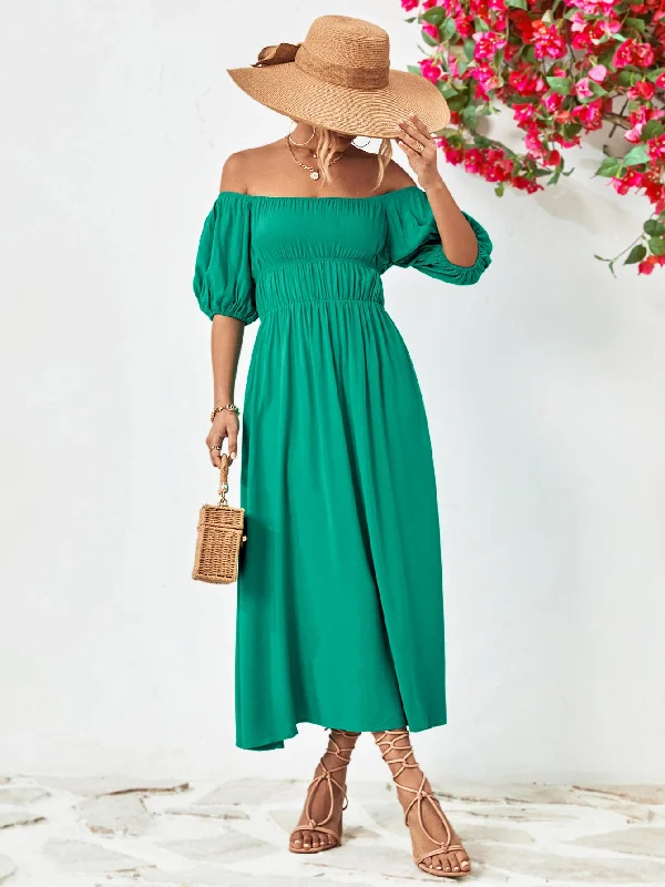 Off-Shoulder Balloon Sleeve Midi Dress Expensive midi dresses