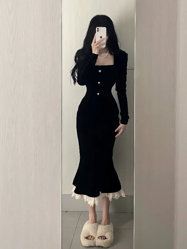 Pearl Button Lace Hem Black Midi Dress Office midi dresses