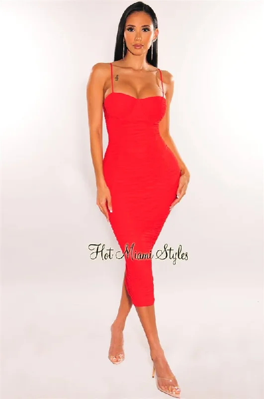 Red Mesh Padded Underwire Spaghetti Straps Ruched Midi Dress Wrap midi dresses