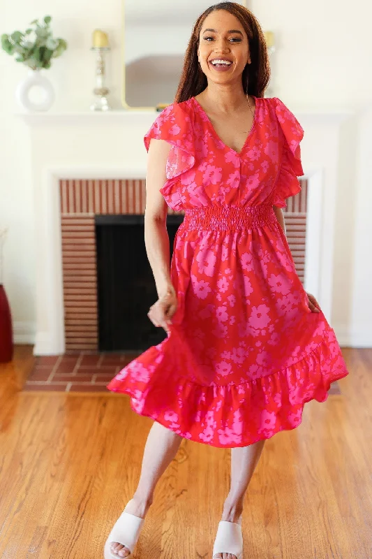 Remember Me Red & Pink Floral Print Smocked Waist Midi Dress (Open Pack) Sexy little black midi dresses