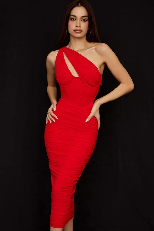 Sexy Cutout One Shoulder Ruched Bodycon Mesh Corset Midi Dress - Red Wedding guest midi dresses