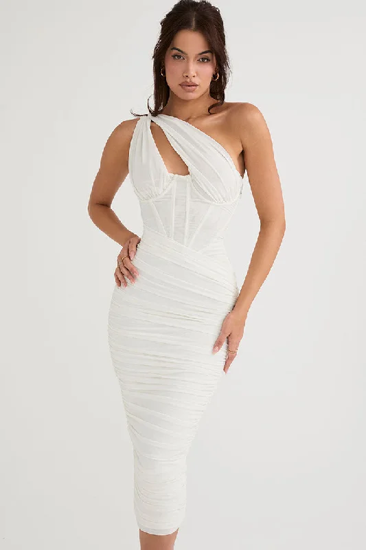 Sexy Cutout One Shoulder Ruched Bodycon Mesh Corset Midi Dress - White Summer midi dresses