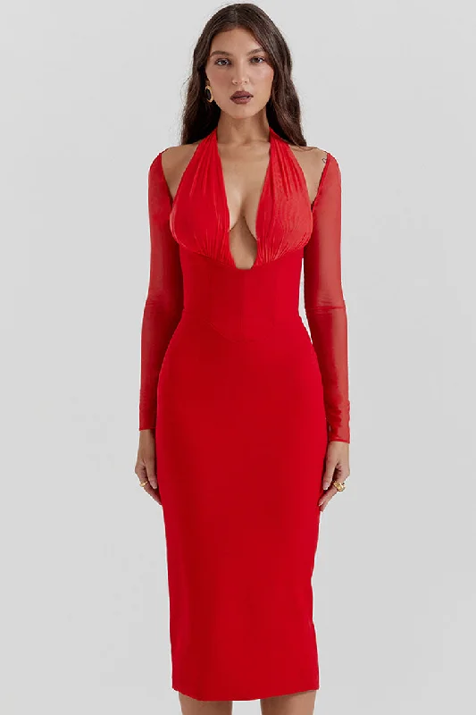 Sexy Halter Deep V Cold Shoulder Long Sleeve Bodycon Cocktail Party Midi Dress - Red Stretchy midi dresses